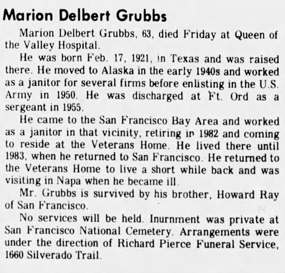 Obituary for Marion Delbert Grubbs (Aged 63)